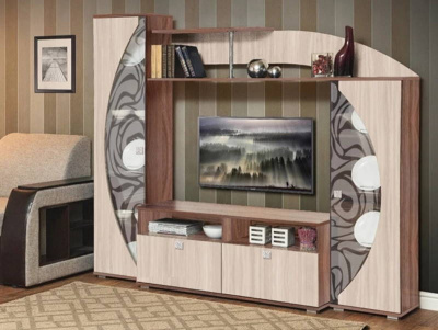 Стенка Олимп-М08 (шимо темный/шимо светлый/стекло светлое с пескоструем)