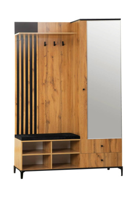 шкаф для прихожей 51.22 Либерти (опора h=150) с зеркалом (дуб вотан / черный / ткань велюр монако черный / профиль Masa Decor дуб вотан / ДВПО белый